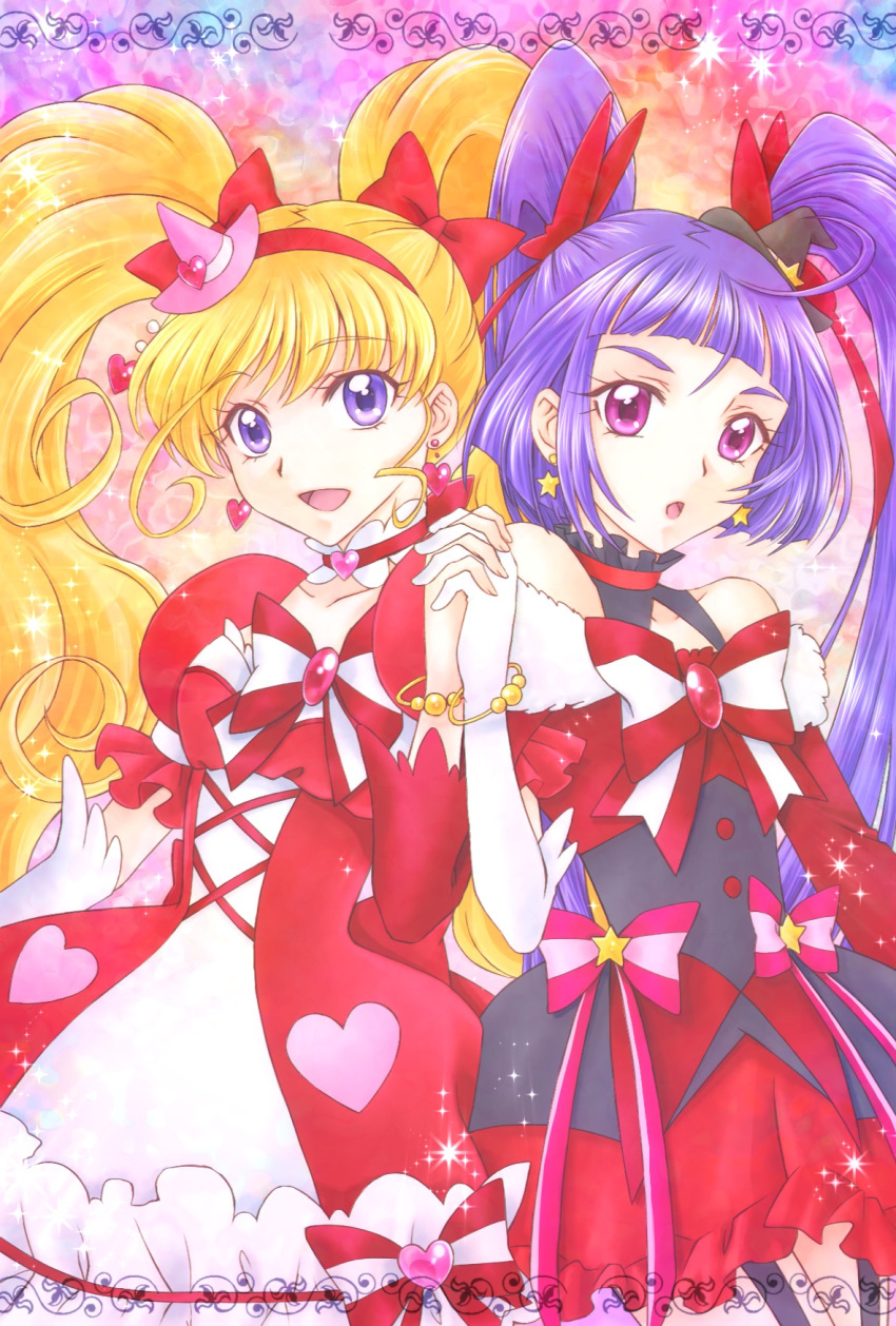 2girls :d :o aizen_(syoshiyuki) asahina_mirai black_hat blonde_hair bow cowboy_shot cure_magical cure_miracle earrings frills hair_bow hairband hat heart heart_earrings highres holding_hands izayoi_liko jewelry locked_arms long_hair looking_at_viewer magical_girl mahou_girls_precure! mini_hat mini_witch_hat multicolored_background multiple_girls open_mouth pink_hat precure red_bow red_skirt ruby_style skirt smile star star_earrings striped striped_bow twintails violet_eyes witch_hat