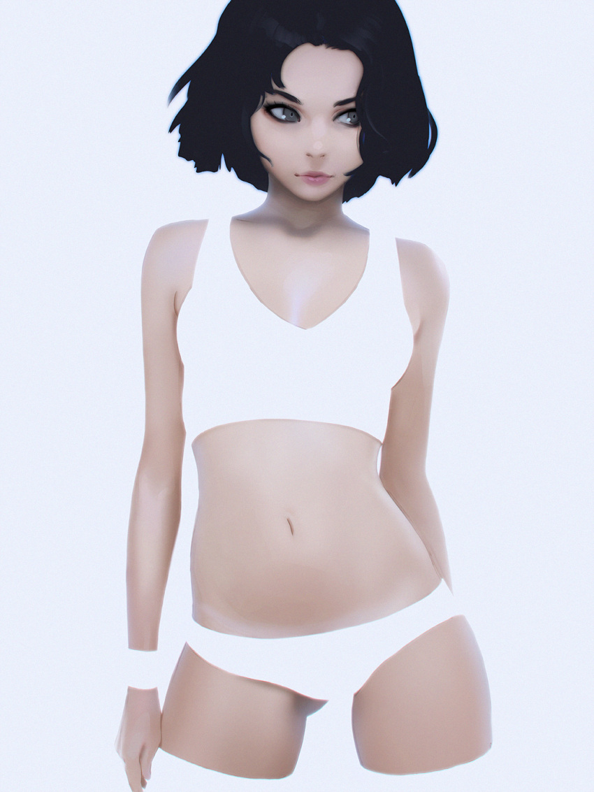 1girl arms_at_sides bare_shoulders black_hair bra chromatic_aberration closed_mouth collarbone contrapposto cropped_legs gluteal_fold grey_eyes highres ilya_kuvshinov lavender_background light_smile lips looking_to_the_side midriff navel original panties photorealistic short_hair simple_background solo sports_bra standing stomach sweatband underwear white_bra white_panties