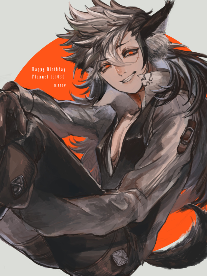 1boy animal_ears black_hair boots character_name fire_emblem fire_emblem_if flannel_(fire_emblem_if) gloves grey_background happy_birthday highres long_hair mirrow96 multicolored_hair orange_eyes scar sitting solo tail two-tone_hair white_hair wolf_ears wolf_tail