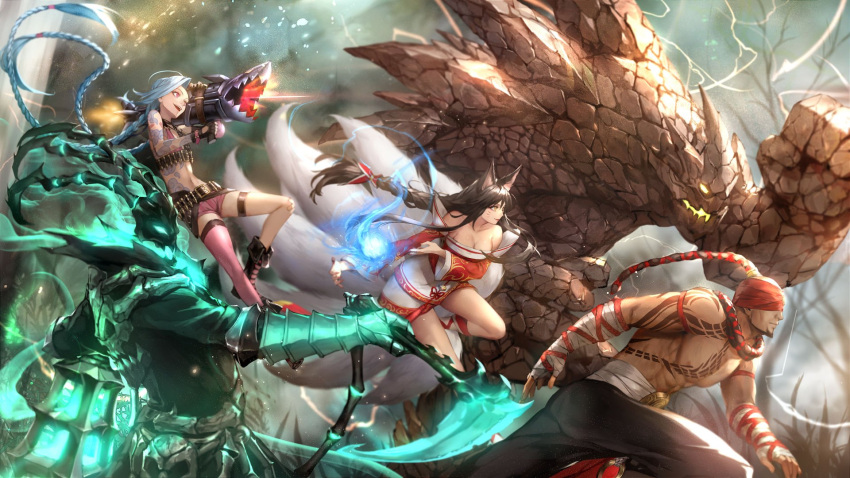abs ahri animal_ears bare_shoulders beard belt black_hair blindfold blue_hair boots braid breasts bullet cleavage detached_sleeves energy_ball eyeliner facial_hair facial_mark fingernails fox_ears fox_tail gauntlets gloves halter_top halterneck hanbok highres jinx_(league_of_legends) komecchi korean_clothes kusarigama lantern league_of_legends lee_sin long_hair long_sleeves makeup malphite multiple_belts multiple_tails open_mouth pants pink_eyes ponytail profile rocket_launcher running sharp_fingernails short_shorts shorts sickle single_thighhigh skull smile stomach tail tattoo thigh-highs thigh_strap thighs thresh topknot twin_braids twintails weapon yellow_eyes