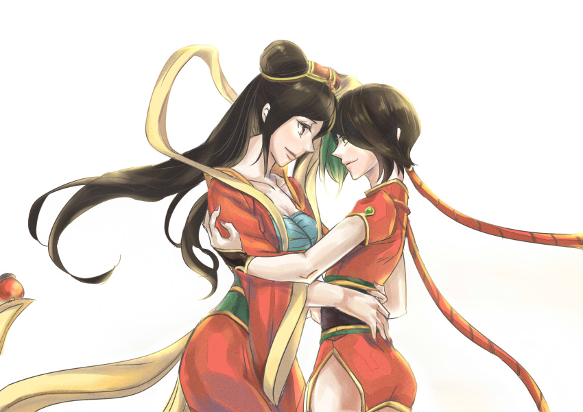 2girls absurdres alternate_costume alternate_hairstyle annie_wong black_hair breasts china_dress chinese_clothes cleavage double_bun dress eye_contact firecracker_jinx forehead-to-forehead green_hair guqin_sona hagoromo hair_tubes highres hug jinx_(league_of_legends) league_of_legends long_hair looking_at_another low_twintails multicolored_hair multiple_girls shawl short_dress side_slit sona_buvelle twintails waist_hug yuri