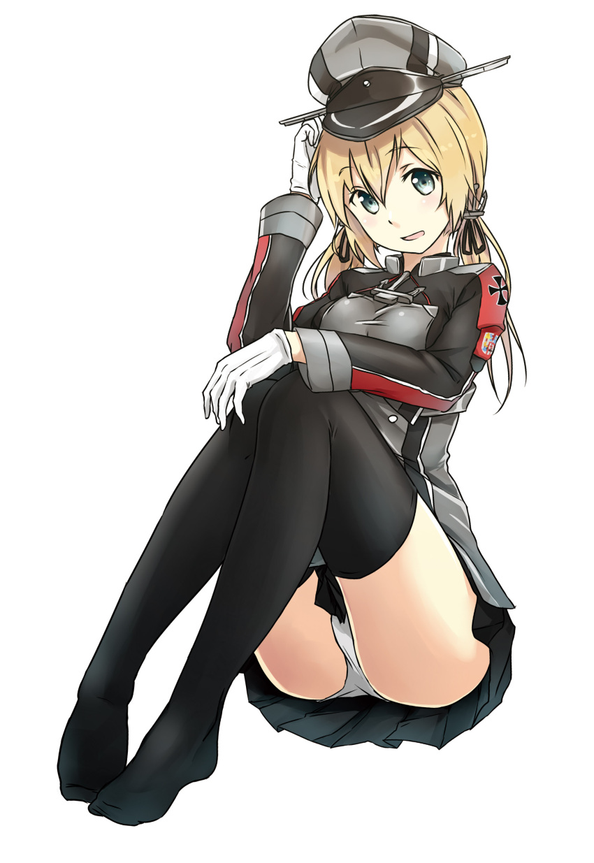1girl :d absurdres anchor_choker aqua_eyes black_legwear black_skirt blonde_hair blush buttons choker emblem full_body grey_hat hair_between_eyes hand_on_own_knee hand_up hat highres iron_cross jeffrey10 kantai_collection legs_together long_sleeves low_twintails military military_uniform open_mouth panties pantyshot pantyshot_(sitting) peaked_cap prinz_eugen_(kantai_collection) scratching_head short_twintails simple_background sitting skirt smile solo tareme thigh-highs twintails underwear uniform upskirt white_background white_panties