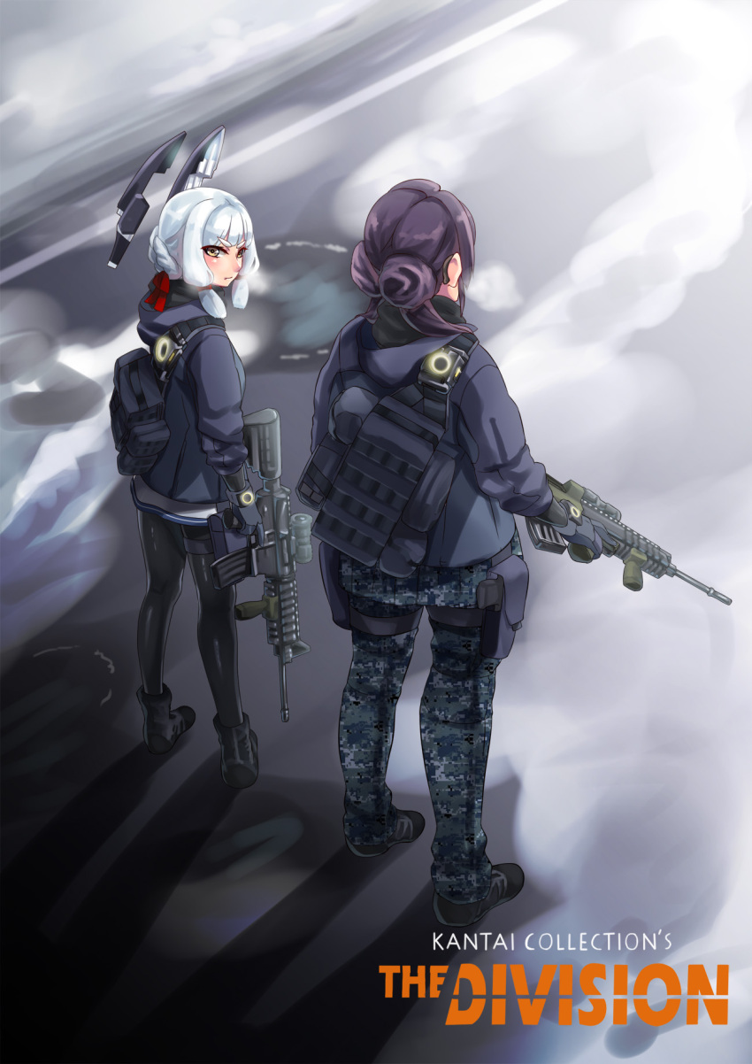 2girls backpack bag blue_hair brown_eyes bullpup camouflage camouflage_pants crossover female_admiral_(kantai_collection) gun hair_ribbon handgun headgear hiememiko highres holding_weapon holster jacket kantai_collection multiple_girls murakumo_(kantai_collection) pants pantyhose pistol purple_hair ribbon shoes short_eyebrows tom_clancy's_the_division weapon