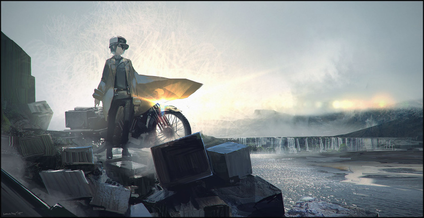 1girl androgynous arms_at_sides artist_name black_border black_eyes black_hair border clouds coat cube grey_sky hair_between_eyes hat kino kino_no_tabi lens_flare long_sleeves looking_at_viewer motor_vehicle motorcycle mountain outdoors pants reverse_trap river rounin_(amuza) scenery short_hair signature sky sleeves_rolled_up solo standing sun sunrise television trash vehicle water waterfall wind