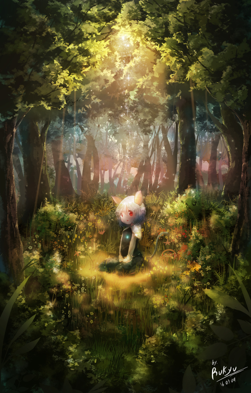 1girl akisha animal_ears basket capelet dated forest gem grass highres jewelry looking_at_viewer mouse_ears mouse_tail nature nazrin necklace open_mouth pendant red_eyes shirt signature silver_hair sitting skirt skirt_set solo sparkle sunlight tail touhou vest