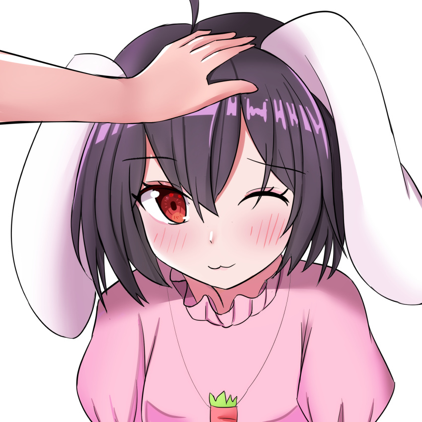 1girl 1other :3 ahoge animal_ears as0987123 bangs black_hair blush carrot_necklace closed_mouth commentary_request dress eyebrows_visible_through_hair floppy_ears hair_between_eyes headpat highres inaba_tewi looking_at_viewer one_eye_closed pink_dress rabbit_ears rabbit_girl red_eyes shiny shiny_hair short_hair simple_background smile solo_focus touhou upper_body white_background