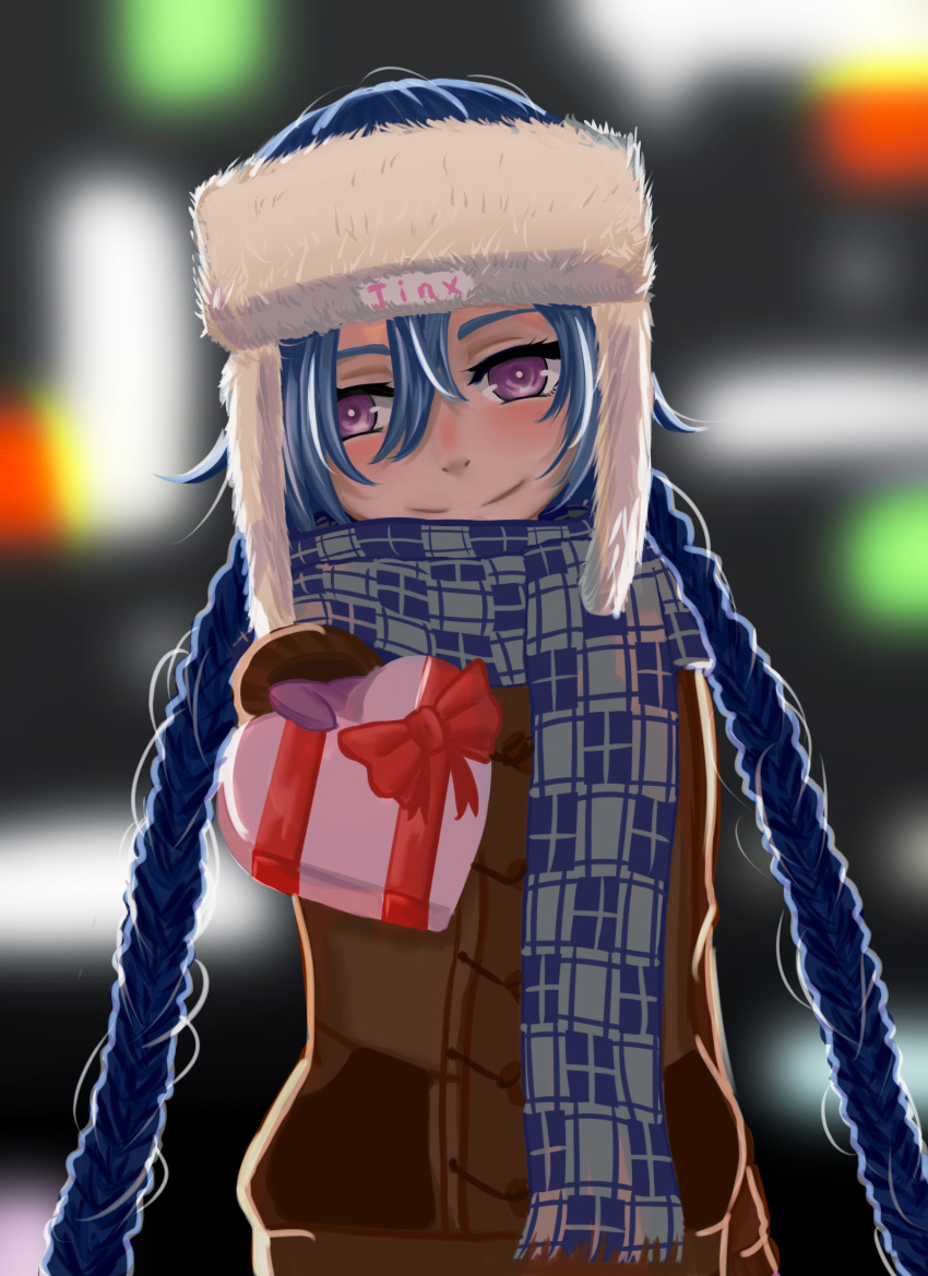 1girl blue_hair blush braid character_name fur_hat hair_between_eyes hat heart-shaped_box highres jinx_(league_of_legends) league_of_legends long_hair looking_at_viewer mittens outstretched_hand scarf smile solo twin_braids ushanka valentine violet_eyes winter_clothes wukun