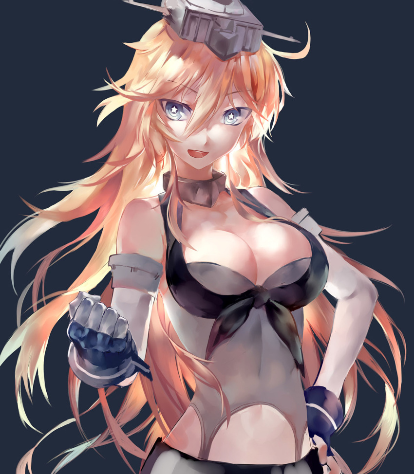1girl :d avamone blonde_hair blue_background blue_eyes breasts cleavage clenched_hand elbow_gloves gloves headgear highres iowa_(kantai_collection) kantai_collection long_hair looking_at_viewer open_mouth simple_background smile solo star star-shaped_pupils symbol-shaped_pupils teeth