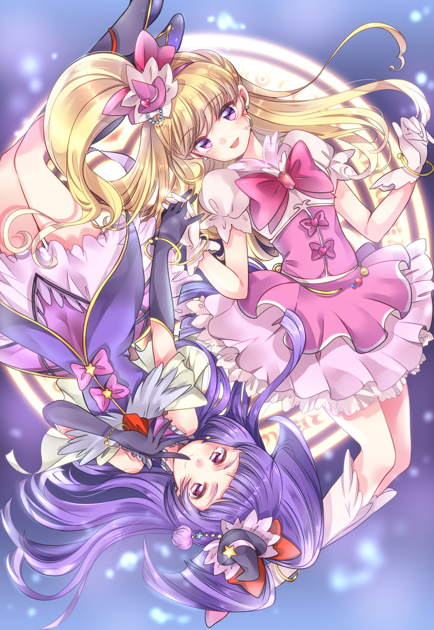 2girls asahina_mirai black_gloves blonde_hair bracelet cure_magical cure_miracle elbow_gloves gloves hat heart highres interlocked_fingers izayoi_liko jewelry long_hair looking_at_viewer magical_girl mahou_girls_precure! mihara_youzora multiple_girls precure purple_hair side_ponytail smile star upside-down violet_eyes white_gloves witch_hat
