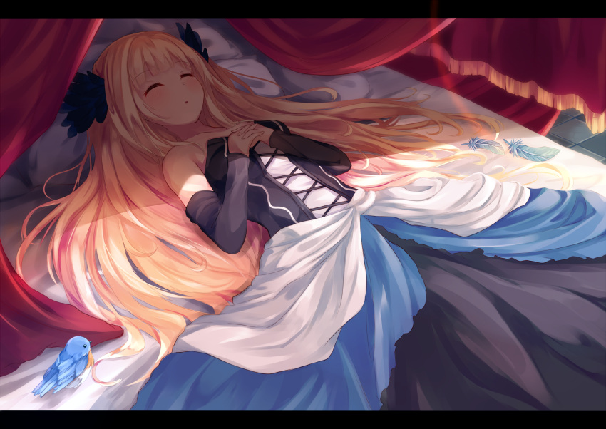 1girl bed bird black_dress blonde_hair canopy_bed closed_eyes detached_sleeves dress feathers gwendolyn hair_ornament hands_on_own_chest highres igakusei interlocked_fingers long_hair long_sleeves lying odin_sphere on_back on_bed sash sleeping solo very_long_hair