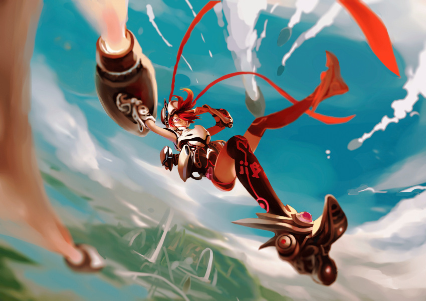 1girl alternate_costume alternate_hair_color alternate_hair_length alternate_hairstyle armor dutch_angle falling grin hair_over_one_eye helmet highres jinx_(league_of_legends) league_of_legends missile pink_eyes redhead ribbon salute short_hair smile solo thigh-highs thrusters vambraces yuanshi_mao
