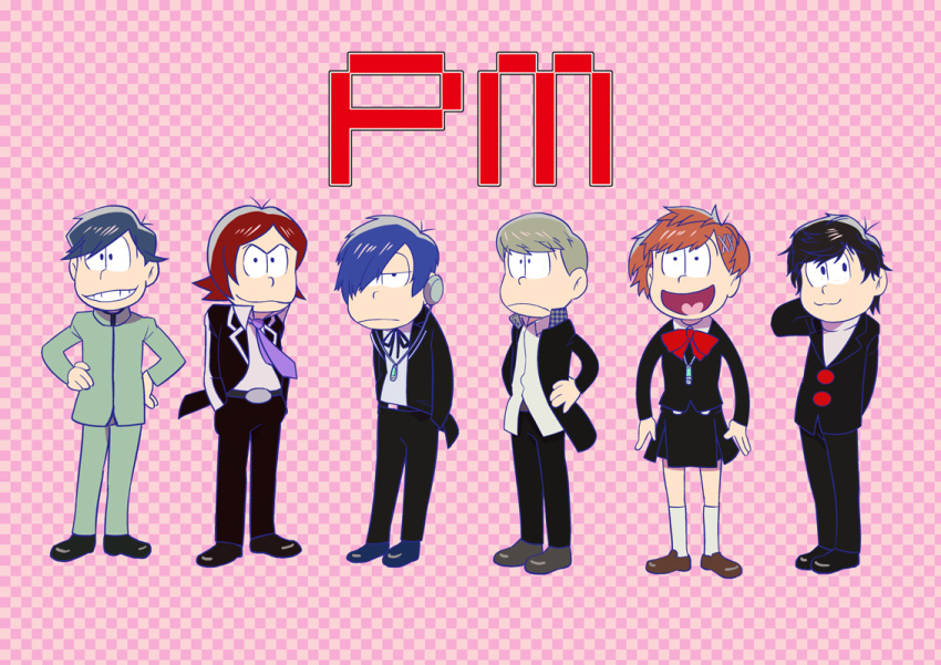 1girl 5boys arisato_minato black_hair blue_hair bow brown_hair female_protagonist_(persona_3) full_body glasses grey_hair hair_ornament hairclip kurusu_akira multiple_boys multiple_girls narukami_yuu necktie orendi osomatsu-san parody persona persona_1 persona_2 persona_3 persona_3_portable persona_4 persona_5 protagonist_(persona_5) school_uniform short_hair smile style_parody suou_tatsuya tied_hair toudou_naoya vector_trace yuuki_makoto