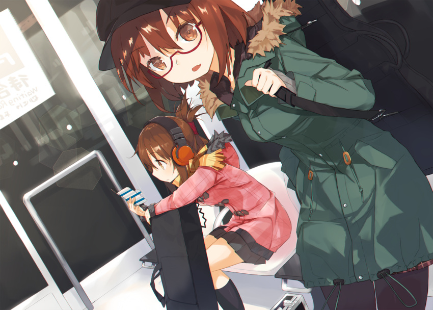 2girls black_legwear brown_eyes brown_hair cabbie_hat casual cellphone coat dutch_angle fang folded_ponytail fur_trim glasses guitar_case harapeko_(886011) hat headphones ikazuchi_(kantai_collection) inazuma_(kantai_collection) instrument_case kantai_collection multiple_girls open_mouth phone red-framed_glasses scarf semi-rimless_glasses short_hair sitting skirt smartphone tagme under-rim_glasses winter_clothes winter_coat