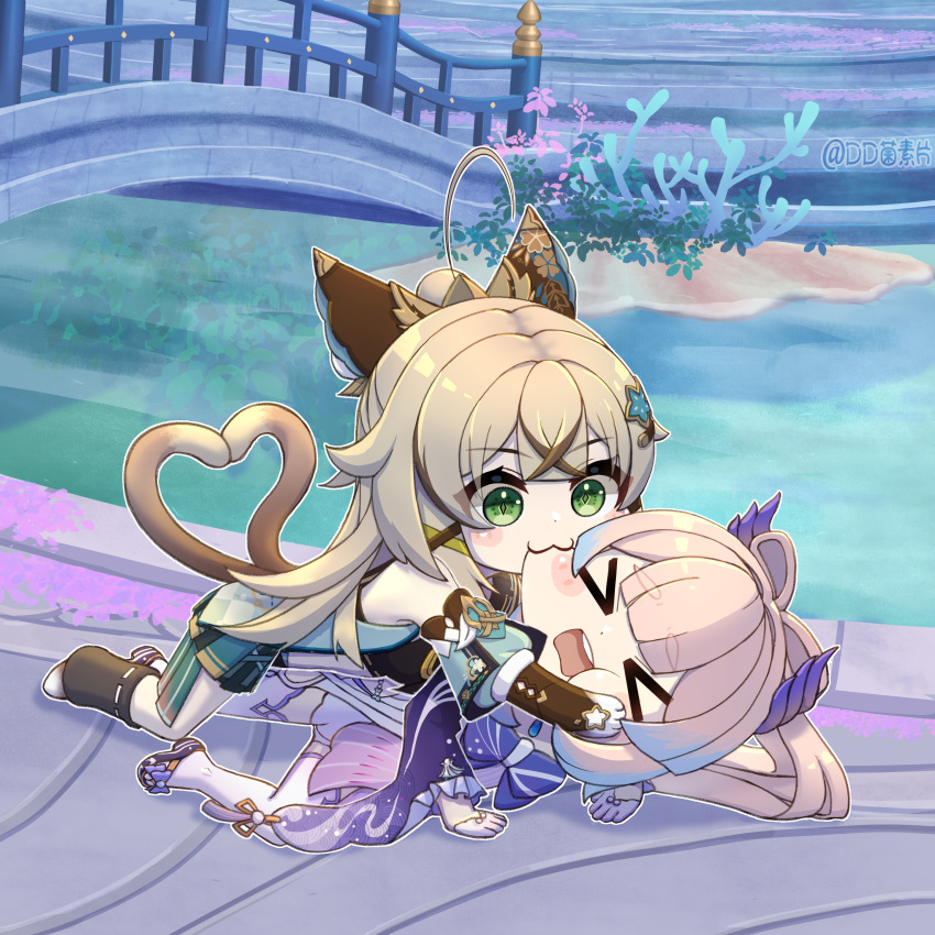 &gt;_&lt; 2girls :3 absurdres ahoge all_fours biting blonde_hair blunt_bangs blush_stickers bow-shaped_hair cat_tail chibi chinese_commentary closed_eyes commentary_request dd_che_shen detached_sleeves genshin_impact gloves gradient_hair green_eyes hair_between_eyes hair_ornament heart heart_tail highres hug kirara_(genshin_impact) light_brown_hair long_hair long_sleeves lying lying_on_person multicolored_hair multiple_girls ocean open_mouth pink_hair pixiv_username ponytail sangonomiya_kokomi sidelocks smile tail thigh-highs white_gloves wide_sleeves