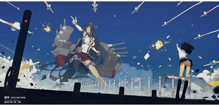 2015 2girls :o arm_up ass bangs battlefield black_hair black_legwear black_skirt blue_sky breast_padding brown_hair cannon character_request cherry_blossoms clouds condensation_trail copyright_name dated debris detached_sleeves dutch_angle explosion flower giantess hair_flower hair_ornament headgear holster kantai_collection kneehighs lan_se_fangying legs_apart long_hair machinery miniskirt motion_blur multiple_girls outdoors outstretched_arm panties pantyshot pantyshot_(standing) paper pleated_skirt pointing pole red_eyes red_skirt rope single_thighhigh skirt skirt_lift sky smoke standing thigh-highs thigh_holster thigh_strap turret underwear very_long_hair watermark web_address white_blouse white_panties wind wind_lift yamato_(kantai_collection)