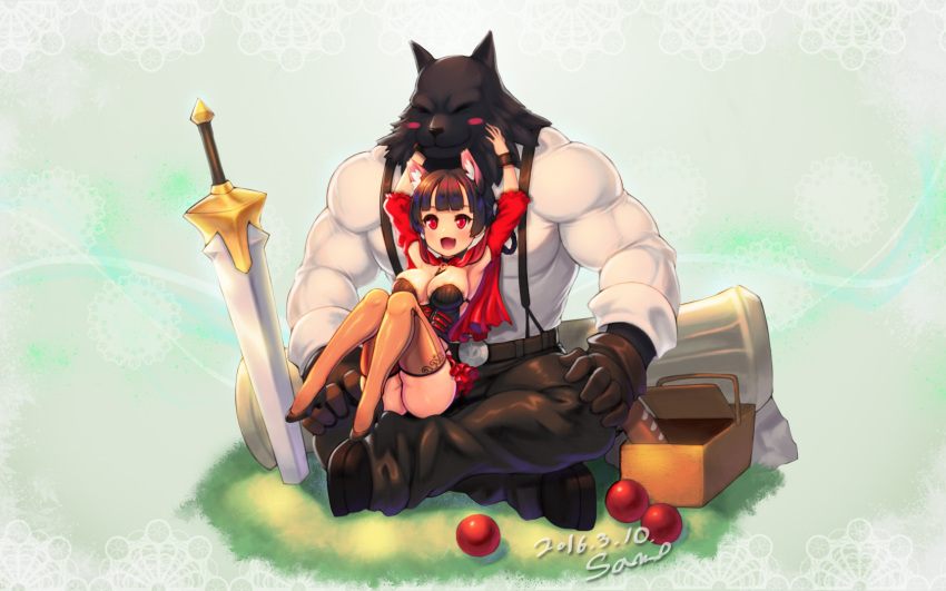1boy 1girl :d animal_ears apple armpits arms_up basket blush blush_stickers bread breasts brown_legwear cat_ears character_request cleavage couple ecell fang food fruit hair_rings highres large_breasts little_red_riding_hood loaf_of_bread mabinogi open_mouth short_hair sitting sitting_on_lap sitting_on_person smile suspenders sword thigh-highs weapon wolf wolf_ears