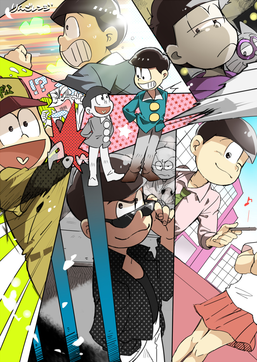 !? 1girl 6+boys baseball_uniform black_hair bowl_cut brothers buck_teeth cat chibita child dual_persona esper_nyanko glasses highres hood hoodie iyami male_focus matsuno_choromatsu matsuno_ichimatsu matsuno_juushimatsu matsuno_karamatsu matsuno_osomatsu matsuno_todomatsu messy_hair monochrome multiple_boys musical_note osomatsu-kun osomatsu-san out_of_frame paneled_background ringorenji sextuplets siblings sportswear spot_color