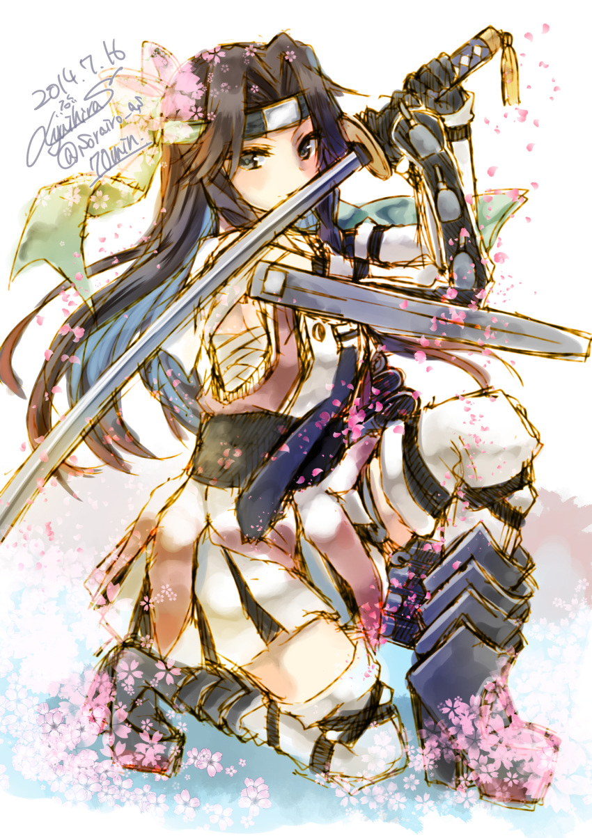 1girl aircraft_catapult bare_shoulders brown_eyes brown_hair dated detached_sleeves forehead_protector hachimaki hair_intakes half_updo headband highres jintsuu_(kantai_collection) kantai_collection katana long_hair looking_at_viewer obi pleated_skirt remodel_(kantai_collection) sarashi sash school_uniform searchlight serafuku skirt solo sword thigh-highs weapon white_skirt yuihira_asu