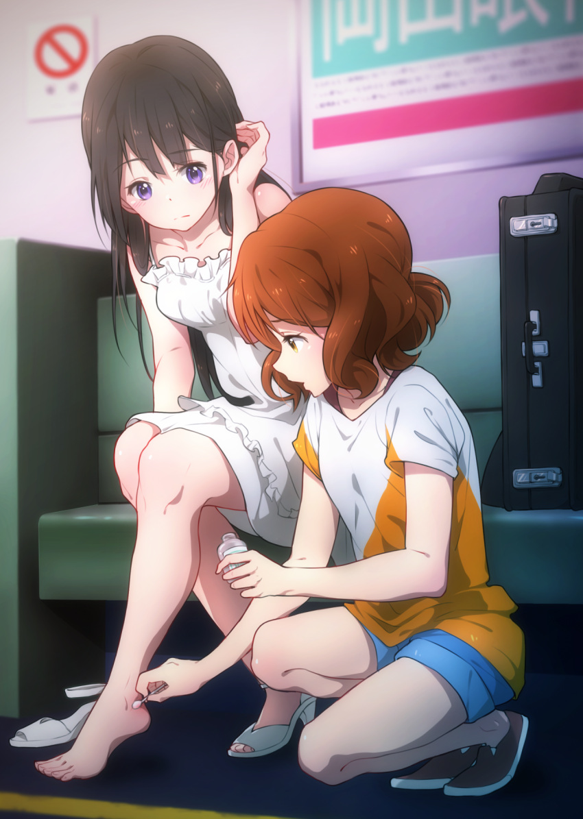 2girls bare_shoulders black_hair brown_eyes brown_hair cotton_swab dress futonchan hibike!_euphonium highres instrument_case kousaka_reina multiple_girls open_mouth oumae_kumiko shoes_removed shorts sign sitting squatting violet_eyes