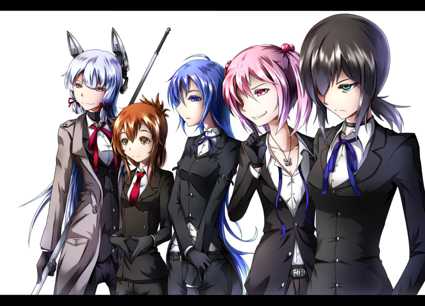 5girls ahoge alternate_costume bangs belt black_hair blue_eyes blue_hair breasts brown_eyes brown_hair buttons choker coat collar commentary_request evil_grin evil_smile finger_to_cheek folded_ponytail formal fubuki_(kantai_collection) gloves gradient_hair green_eyes grin hair_between_eyes hair_bobbles hair_ornament hair_ribbon headgear height_difference highres inazuma_(kantai_collection) kantai_collection letterboxed long_hair long_sleeves low_ponytail multicolored_hair multiple_girls murakumo_(kantai_collection) necktie open_clothes open_coat orange_eyes pink_eyes pink_hair ponytail red_necktie ribbon samidare_(kantai_collection) sazanami_(kantai_collection) short_hair short_ponytail silver_hair simple_background smile suit swept_bangs tatetsuki tress_ribbon twintails very_long_hair white_background