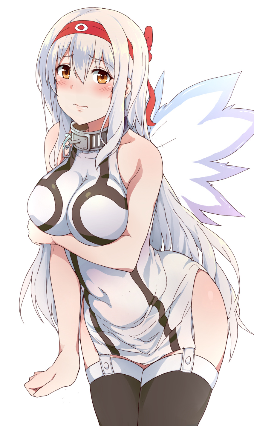 1girl 3: alternate_costume angel_wings arched_back bare_shoulders black_legwear blush breasts chains collar commentary_request cosplay covered_navel dress garter_straps hair_between_eyes hairband highres kantai_collection large_breasts long_hair nomizu_iori nymph_(sora_no_otoshimono) nymph_(sora_no_otoshimono)_(cosplay) seiyuu_connection short_dress shoukaku_(kantai_collection) simple_background solo sora_no_otoshimono suisen_toire_(moko924) thigh-highs white_background white_hair wings