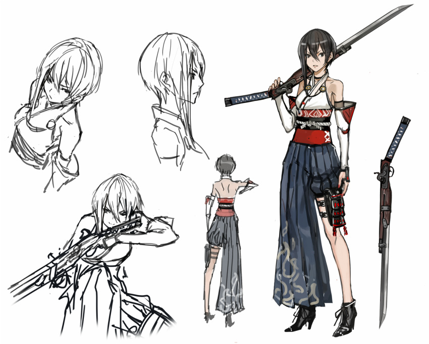 1girl aiming asymmetrical_clothes bayonet black_hair character_sheet choker elbow_gloves fingerless_gloves from_above from_behind gloves gun high_heels highres infukun japanese_clothes musket obi profile sash short_hair shoulder_blades simple_background sketch traditional_clothes weapon white_background