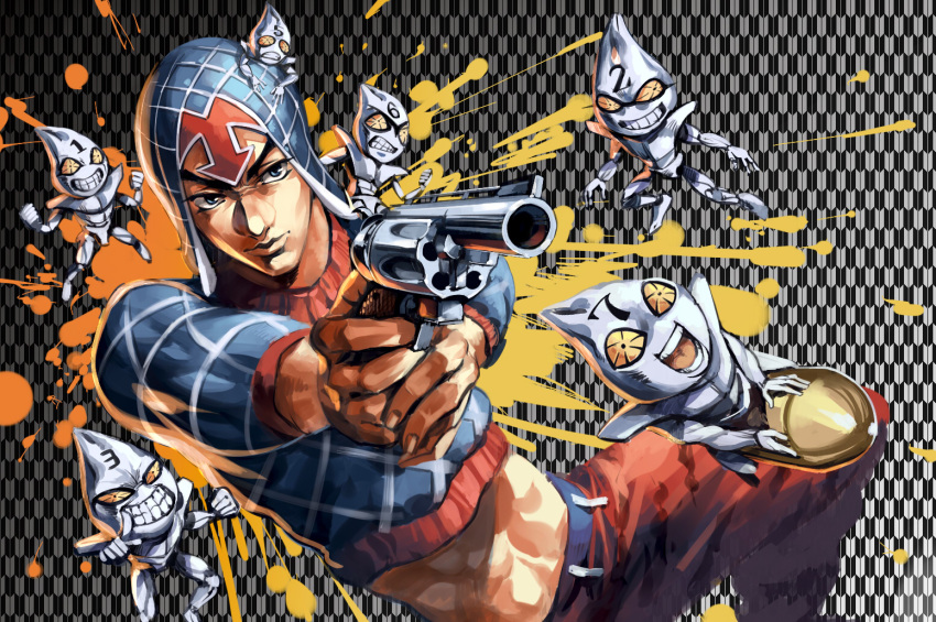 1boy blue_eyes bullet clenched_hands clenched_teeth crop_top finger_on_trigger foreshortening grin guido_mista gun handgun hat jojo_no_kimyou_na_bouken male_focus midriff open_mouth revolver ruukii_drift sex_pistols_(stand) smile stand_(jojo) teeth weapon
