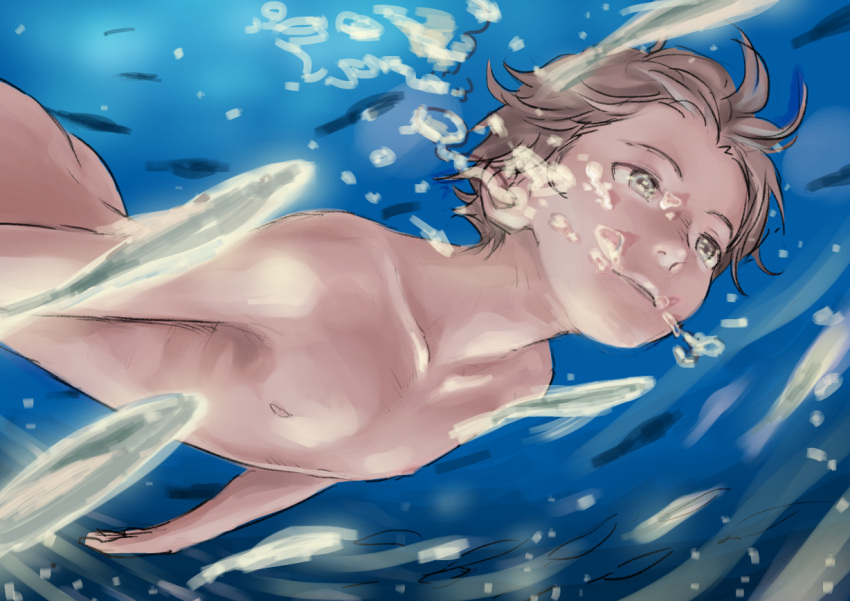 1boy b_gent brown_hair bubble lips male_focus nipples nude original short_hair sketch solo swimming underwater