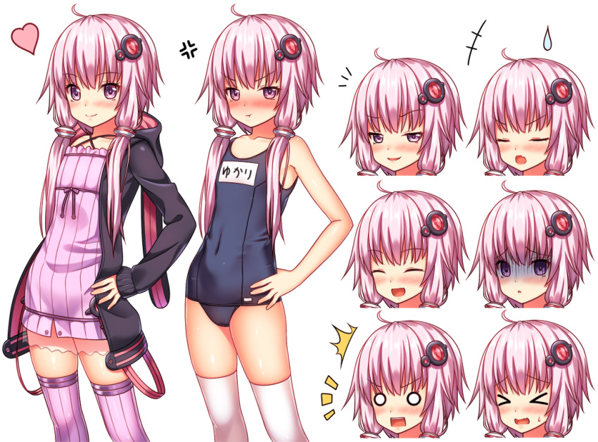 &gt;_&lt; 1girl :t ahoge anger_vein animal_ears blush chart closed_eyes dress expressions hair_ornament hand_on_hip happy heart hood hooded_jacket jacket long_hair looking_at_viewer nazu-na o_o one-piece_swimsuit open_mouth pout purple_hair purple_legwear school_swimsuit simple_background smile solo surprised swimsuit tachi-e thigh-highs twintails violet_eyes vocaloid voiceroid white_legwear yuzuki_yukari