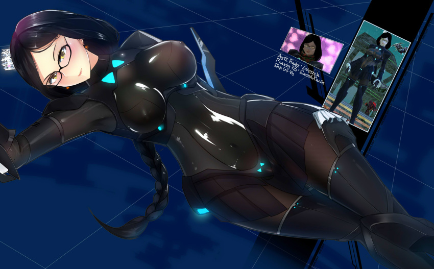 1girl bed blush bodysuit braid breasts covered_navel covered_nipples crown earrings glasses hand_on_own_thigh highres jewelry long_hair lying on_bed original phantasy_star phantasy_star_online_2 screencap skin_tight solo swordwaltz thigh_gap yellow_eyes