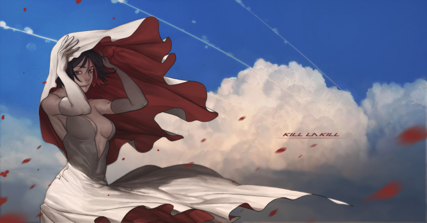 1girl bare_shoulders black_hair blue_sky breasts clouds condensation_trail copyright_name dress gloves hands_up kill_la_kill lan_se_fangying looking_at_viewer matoi_ryuuko motion_blur multicolored_hair petals redhead short_hair sky smile solo strapless strapless_dress streaked_hair veil white_dress white_gloves wind