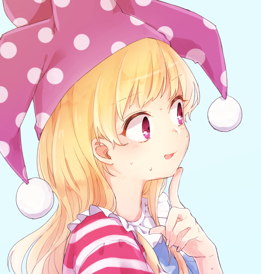 1girl american_flag_shirt bangs blonde_hair clownpiece collar eyebrows finger_to_chin frilled_collar frills hat highres honotai index_finger_raised jester_cap long_hair pink_hair polka_dot shirt simple_background solo sweat touhou upper_body very_long_hair