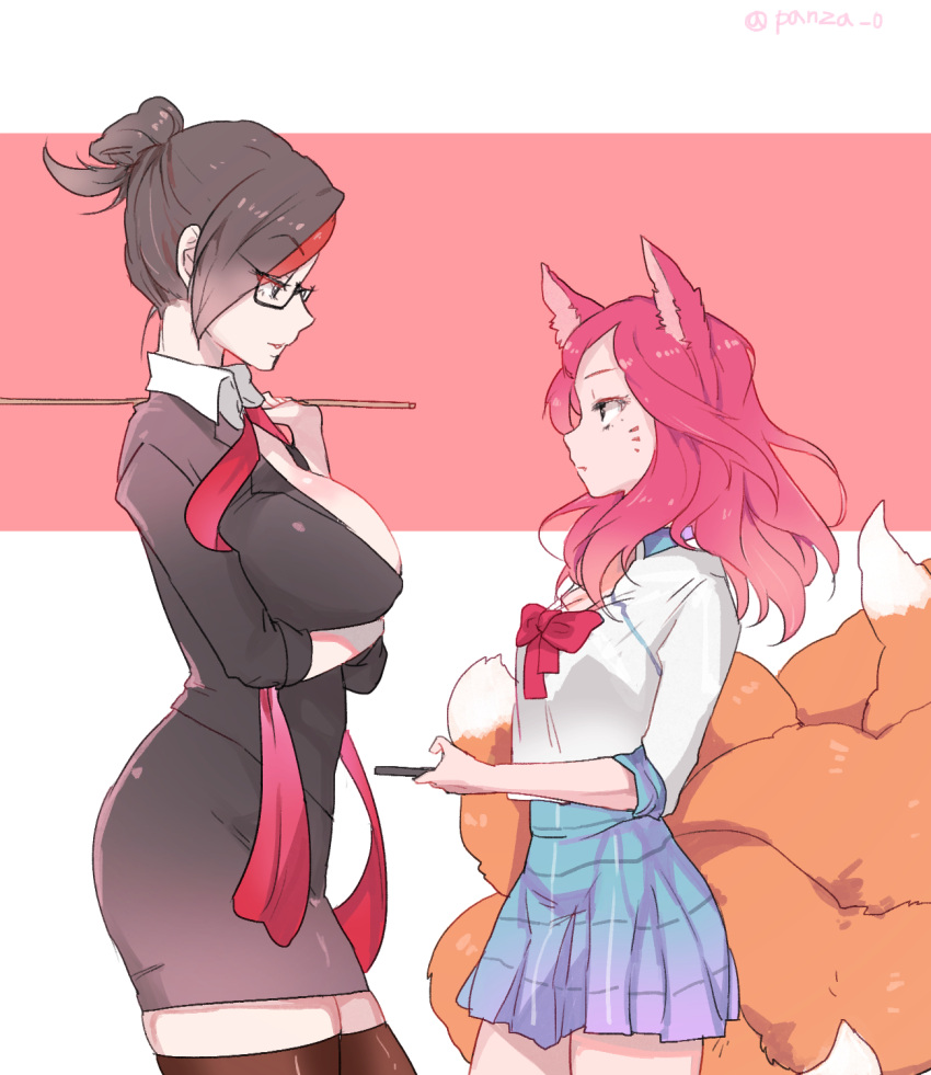 2girls ahri alternate_costume alternate_hair_color alternate_hairstyle animal_ears bespectacled black_hair breasts cleavage fiora_laurent fox_ears fox_tail from_side glasses hair_up height_difference highres large_breasts league_of_legends looking_at_another miniskirt multicolored_hair multiple_girls multiple_tails panza parted_lips pencil_skirt plaid plaid_skirt redhead school_uniform skirt tail thigh-highs two-tone_hair whisker_markings white_blouse zettai_ryouiki