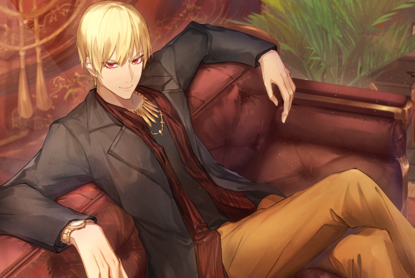 1boy blonde_hair commentary_request earrings eisuto fate_(series) gilgamesh highres jacket jewelry legs_crossed looking_at_viewer necklace red_eyes shirt sitting smile tagme watch