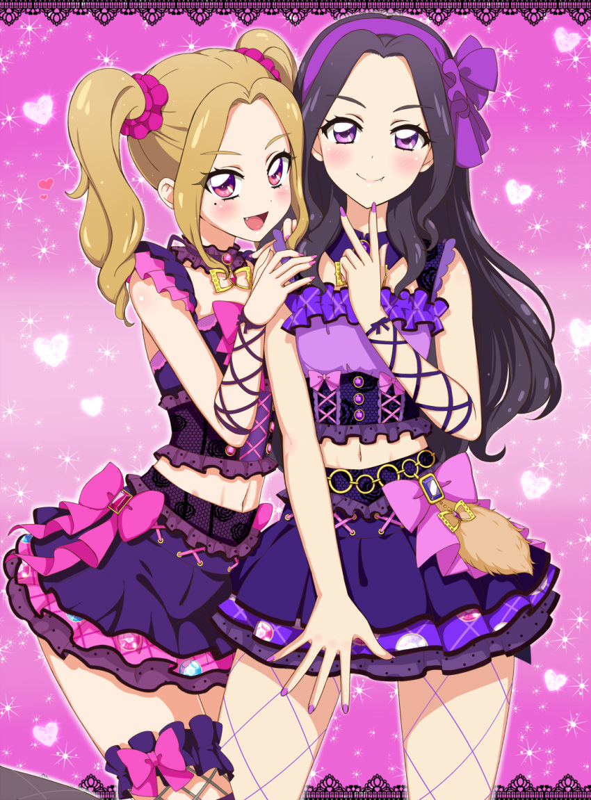 2girls :d aikatsu! arm_ribbon black_hair blonde_hair blush bow cross-laced_clothes daichi_nono detached_collar fang fishnet_pantyhose fishnets frills hair_ornament hair_scrunchie hairband hand_on_another's_shoulder heart highres idol jewel_(the_black_canvas) layered_skirt leg_between_thighs leg_garter leg_up long_hair looking_at_viewer midriff mole mole_under_eye multiple_girls nail_polish navel open_mouth pantyhose pink_nails purple_nails red_eyes ribbon scrunchie shirakaba_risa sleeveless smile sparkle twintails v violet_eyes