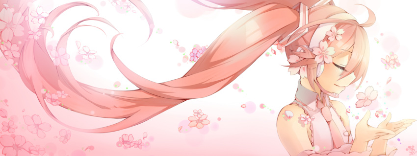 1girl cherry_blossoms closed_eyes detached_sleeves floating_hair flower from_side hair_flower hair_ornament hatsune_miku headset highres hinata8281 long_hair necktie sakura_miku solo twintails upper_body very_long_hair vocaloid