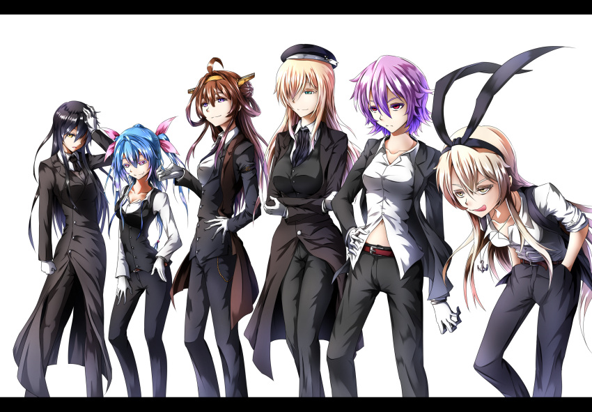 6+girls :p ahoge akagi_(kantai_collection) alternate_costume alternate_eye_color anchor aqua_eyes atago_(kantai_collection) belt beret black_hair blonde_hair blue_hair breasts brown_hair buttons chain collar collarbone crossed_arms double_bun formal gloves hair_between_eyes hair_ribbon hairband hand_on_hip hand_on_own_head hands_in_pockets hat headgear highres i-19_(kantai_collection) kantai_collection kongou_(kantai_collection) large_breasts leaning_forward letterboxed long_hair long_sleeves multiple_girls necktie pants pink_eyes purple_hair red_eyes remodel_(kantai_collection) ribbon shimakaze_(kantai_collection) short_hair simple_background sleeves_folded_up smile straight_hair suit tama_(kantai_collection) tatetsuki tongue tongue_out tri_tails vest violet_eyes white_background white_gloves yellow_eyes