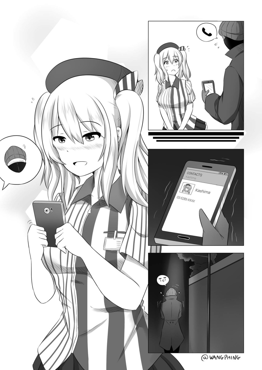 1boy 1girl :d beret blush cellphone comic commentary emoticon employee_uniform hat highres holding kantai_collection kashima_(kantai_collection) lawson long_hair monochrome open_mouth phone pleated_skirt shirt silent_comic skirt smartphone smile spoken_object striped striped_shirt twintails uniform vertical_stripes wangphing