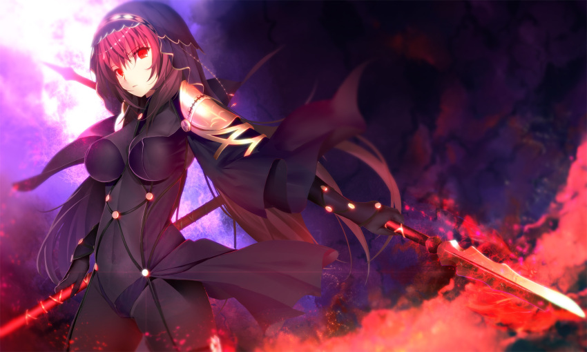 1girl armor bangs bodysuit breasts closed_mouth covered_navel cowboy_shot dual_wielding fate/grand_order fate_(series) from_below gae_bolg gloves highres lens_flare long_hair looking_at_viewer pauldrons polearm purple_hair red_eyes scathach_(fate/grand_order) solo spear tetsu_(countryside) veil weapon