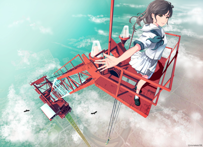 1girl bird brown_eyes brown_hair clouds crane kneehighs loafers long_hair munakata_(hisahige) original outstretched_arms pleated_skirt sailor_collar school_uniform shoes skirt sky smile solo tagme