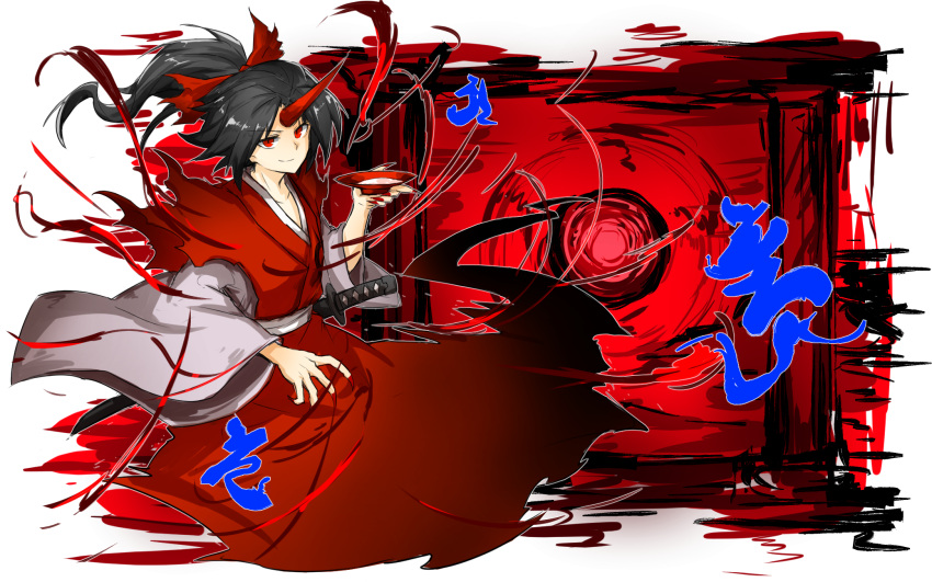 1girl alcohol black_hair flat_chest gate ghost_tail hell highres horn japanese_clothes kan_(aaaaari35) konngara long_sleeves looking_at_viewer nail_polish open_hand ponytail red red_eyes red_nails sake sharp_nails sheath sheathed short_hair smile solo sword torn_clothes touhou touhou_(pc-98) weapon wide_sleeves