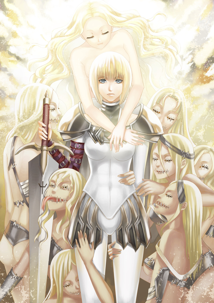 6+girls absurdres armor blonde_hair cape clare_(claymore) claymore claymore_(sword) covered_navel grey_eyes highres multiple_girls short_hair solo_focus stitches sword weapon yoneyu