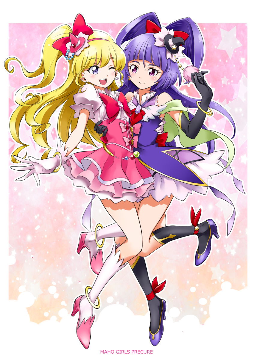 2girls ;d asahina_mirai black_boots black_gloves black_hat blonde_hair boots bow capelet copyright_name cure_magical cure_miracle earrings elbow_gloves full_body gloves hair_bow half_updo hat highres izayoi_liko jewelry knee_boots long_hair looking_at_another magical_girl mahou_girls_precure! mini_hat mini_witch_hat multiple_girls one_eye_closed open_mouth osusitan pink_background pink_bow pink_hat pink_skirt ponytail precure purple_hair red_bow skirt smile star starry_background violet_eyes white_boots white_gloves witch_hat