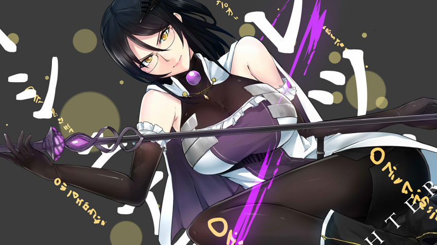 1girl bare_shoulders black_hair breasts cleavage elbow_gloves glasses gloves large_breasts long_hair miniskirt see-through side_slit skirt solo staff swordwaltz yellow_eyes