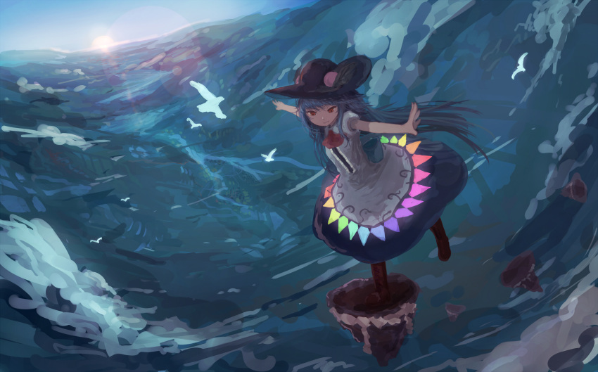 1girl above_clouds adapted_costume ascot balancing bird black_hat blue_dress blue_hair blue_sky boots bridge brown_boots day dress food fruit gensoukyou grin hat highres hinanawi_tenshi horizon keystone lake lens_flare long_hair looking_down mifuru morning mountain outstretched_arms peach rainbow_order red_eyes river scenery shirt short_sleeves sky smile solo stream sun sunlight touhou village white_shirt
