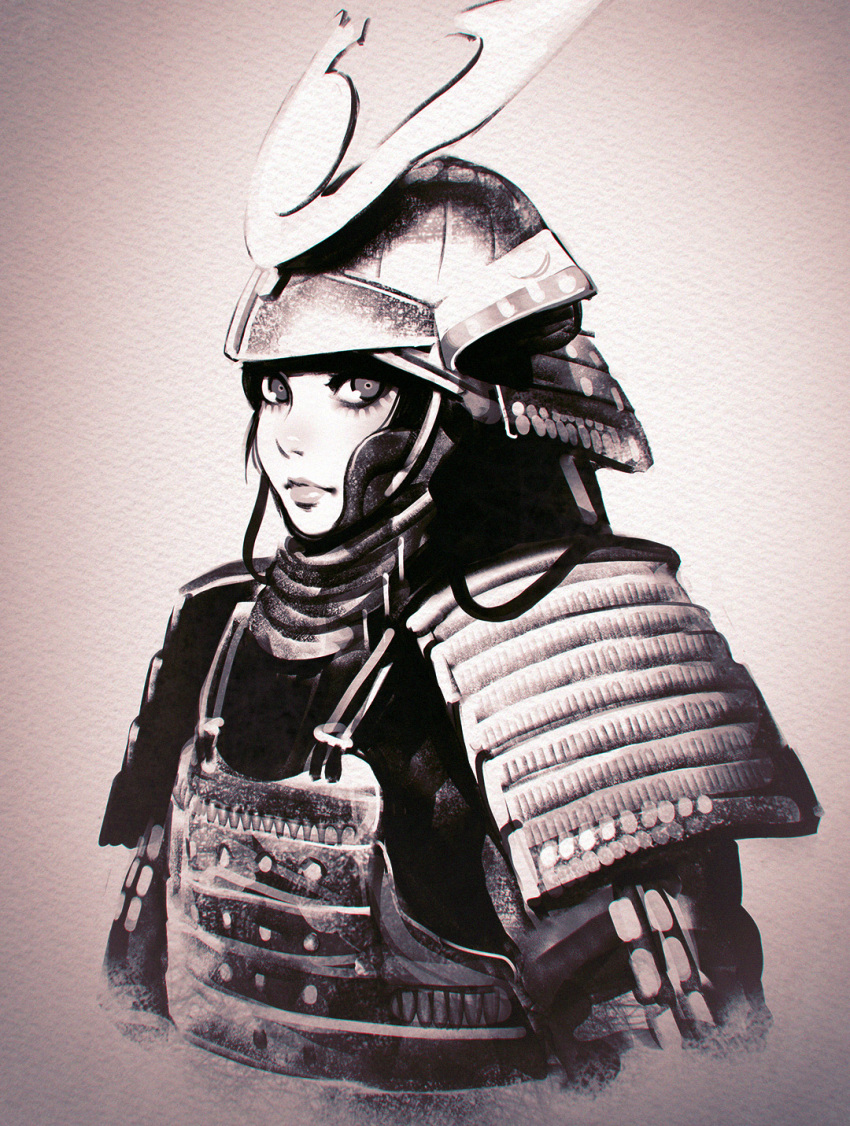 1girl armor helmet highres ilya_kuvshinov japanese_armor kabuto limited_palette looking_at_viewer original solo upper_body