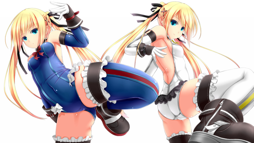 2girls ass bare_back bare_shoulders blonde_hair blue_eyes boots breasts covered_navel dead_or_alive dual_persona elbow_gloves fighting_stance gloves highres kicking leg_lift leotard long_hair marie_rose multiple_girls ribbon shouyan sideboob small_breasts smile standing_on_one_leg thigh-highs twintails very_long_hair