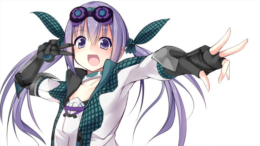 1girl fingerless_gloves gloves goggles goggles_on_head long_hair phantasy_star phantasy_star_online_2 purple_hair solo sukage twintails violet_eyes