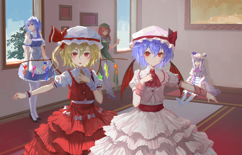 5girls absurdres apron arms_at_sides bangs bat_wings black_shoes blonde_hair blue_dress blue_eyes blue_hair blush book bow braid capelet carpet closed_mouth cravat crescent_hair_ornament crystal dress flandre_scarlet flats frame frilled_apron frills green_hat hair_between_eyes hair_bobbles hair_bow hair_ornament hair_ribbon hat head_wings high_heels highres hong_meiling horizontal_stripes indoors izayoi_sakuya lace_trim lamase_(41) layered_skirt leaning_back leg_up long_hair looking_at_another looking_at_viewer looking_away maid_headdress mob_cap multiple_girls no_shoes on_floor one_side_up open_mouth outstretched_arm panties pants patchouli_knowledge pelvic_curtain pink_skirt puffy_short_sleeves puffy_sleeves purple_hair red_bow red_eyes red_ribbon red_skirt red_vest redhead remilia_scarlet ribbon sash shade shirt shoes short_sleeves siblings sisters sitting skirt skirt_set sky smile standing standing_on_one_leg striped striped_dress touhou tree tress_ribbon twin_braids underwear waist_apron white_apron white_bow white_legwear white_pants white_shirt window wings wrist_cuffs