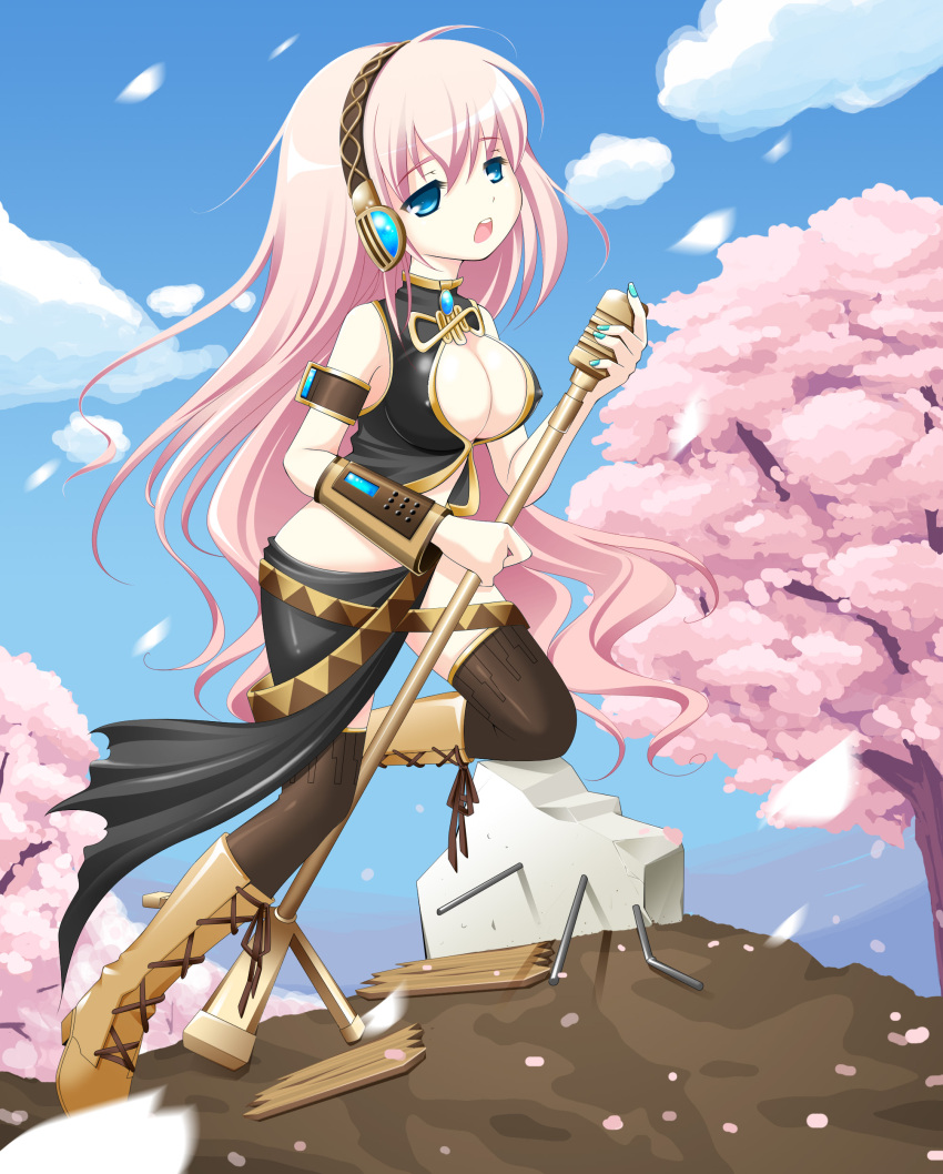 1girl absurdres black_legwear blue_eyes boots breasts cherry_blossoms cleavage detached_sleeves headphones headset highres kanyoko large_breasts long_hair long_skirt megurine_luka microphone microphone_stand nail_polish open_mouth pink_hair side_slit singing skirt solo thigh-highs vocaloid